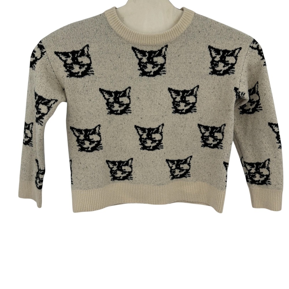 THML Cat Print Sweater Women Small Beige Black Knit Crewneck Pullover Novelity